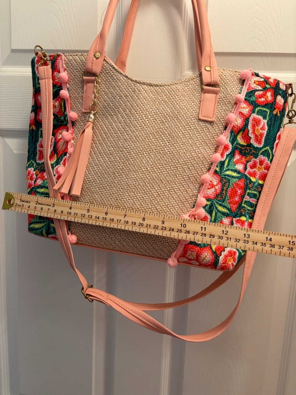 Boho Floral Tote Bag Pink Pom Pom Crossbody Purse - Picture 3 of 8